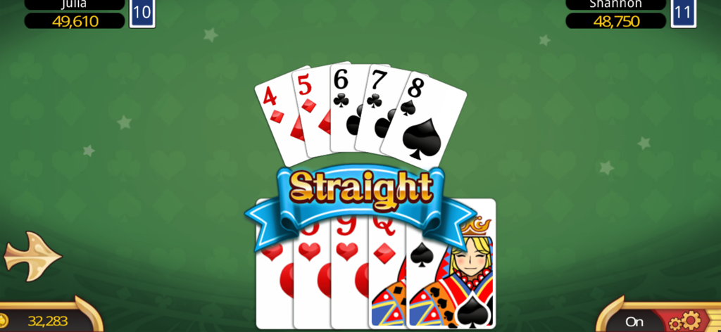 A gameplay screenshot of Fun Big 2 showing a straight poker hand on a green card table