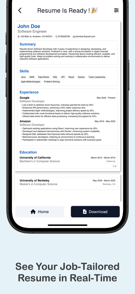 Eine mobile App-Oberfläche, die einen abgeschlossenen professionellen Lebenslauf für einen Software-Ingenieur mit Optionen zum Herunterladen oder Zurückkehren zur Startseite anzeigt.