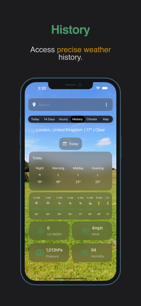 WorldWeatherOnline - iPhone display showing the historical weather data feature for London in the WorldWeatherOnline app