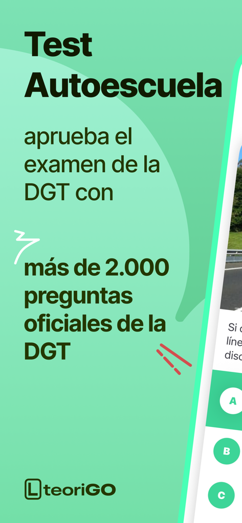 TEST DGT examen autoescuela - Promotional screen of the TEST DGT app featuring over 2000 official exam questions