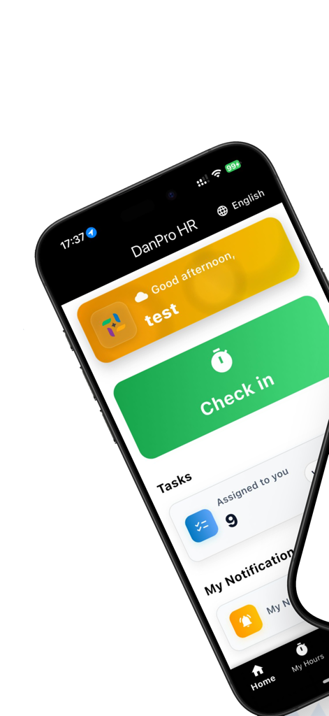 DanPro HR app dashboard showing a large green check in button and task list.