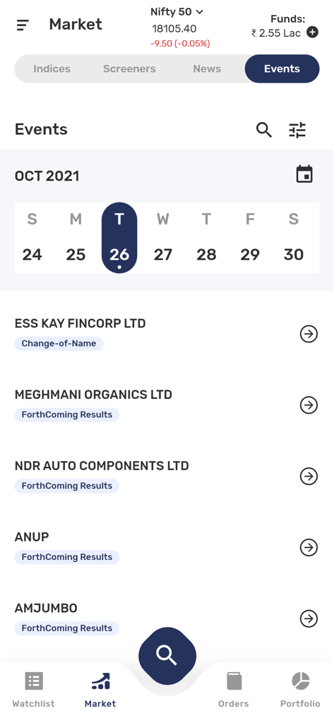 Inventure Growth & Securities - Inventure Growth and Securities app events calendar screen