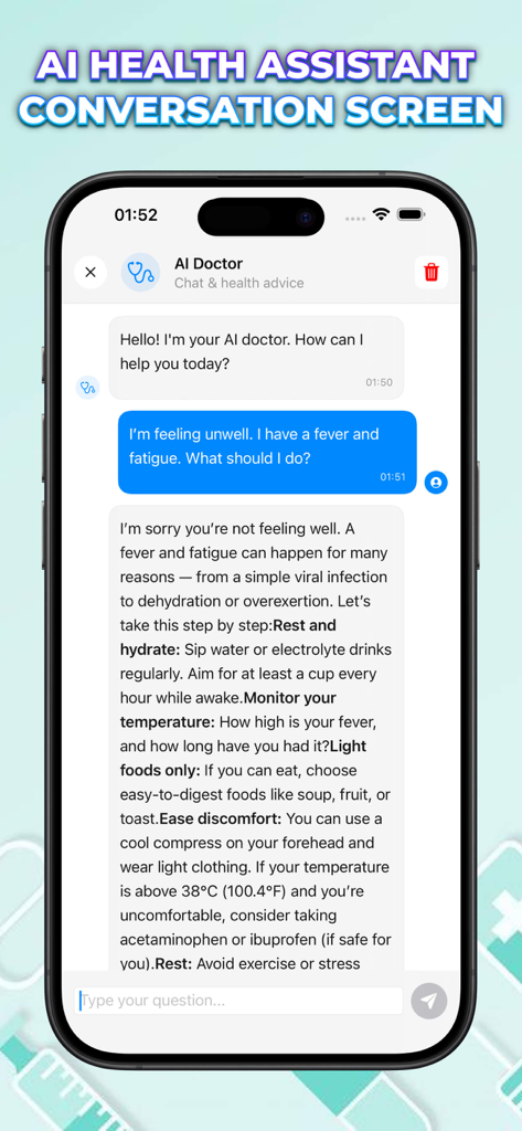 Vitaria: Blood Tracker - Un smartphone affichant l'interface de chat du médecin IA de l'application Vitaria fournissant des conseils de santé pour la fièvre et la fatigue.