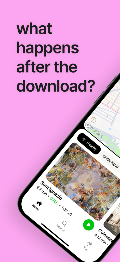 Uno schermo di smartphone che mostra l'interfaccia dell'app di viaggio Cicero con una scheda di posizione per Sant'Ignazio e funzioni di esplorazione vicine su sfondo rosa.
