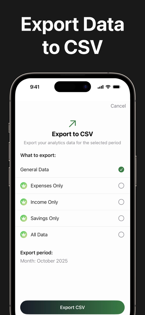 Budget Planner and Trackerㅤ - A screenshot of the Budget Planner and Tracker app showing the export data to CSV screen with options for expenses, income, and savings.