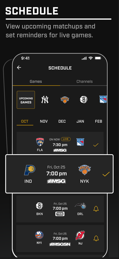 Interface showing upcoming sports game schedules and reminders in the Gotham Sports mobile app