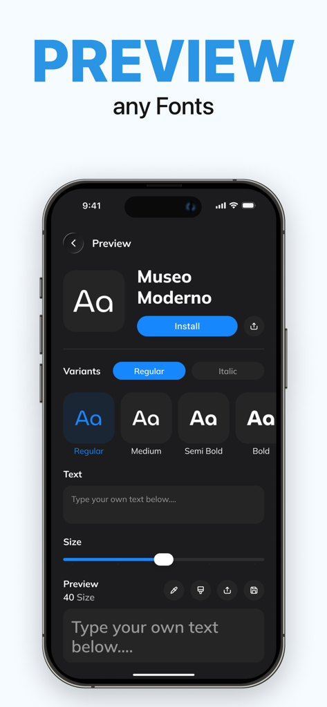 Una pantalla de app móvil mostrando una vista previa de la fuente Museo Moderno con opciones para instalar y probar texto personalizado.