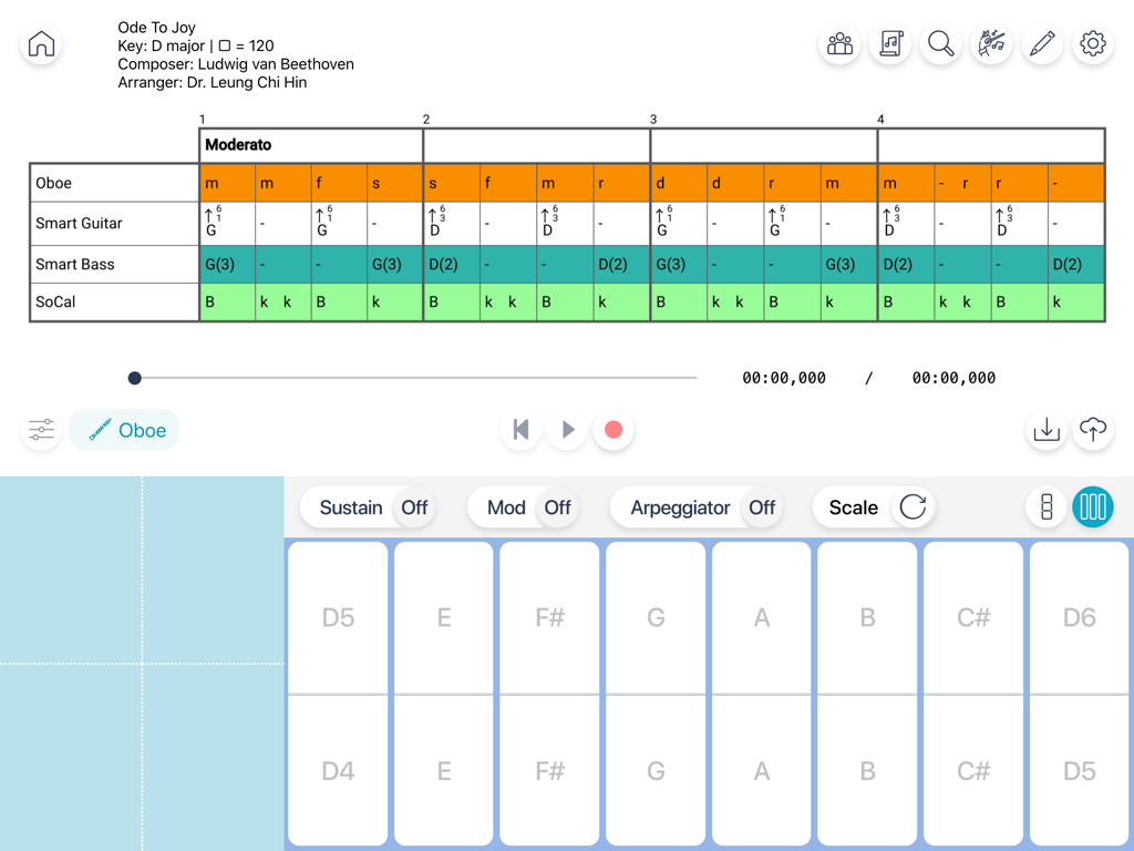 e-Orch - iPad interface showing the e-Orch grid notation for Ode to Joy with a digital instrument keyboard