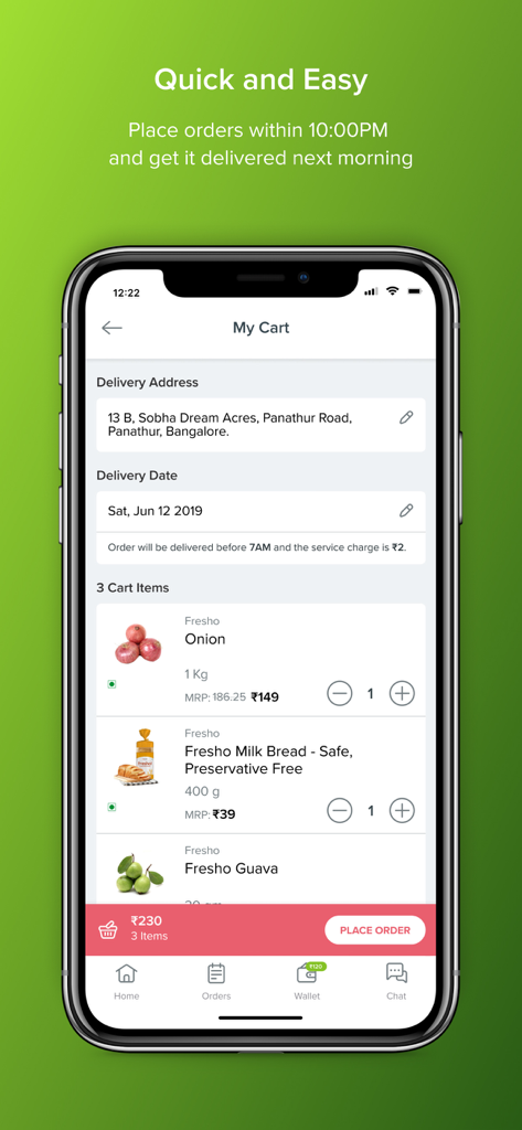 bbdaily - bbdaily app interface showing the My Cart screen with fresh groceries and next morning delivery information