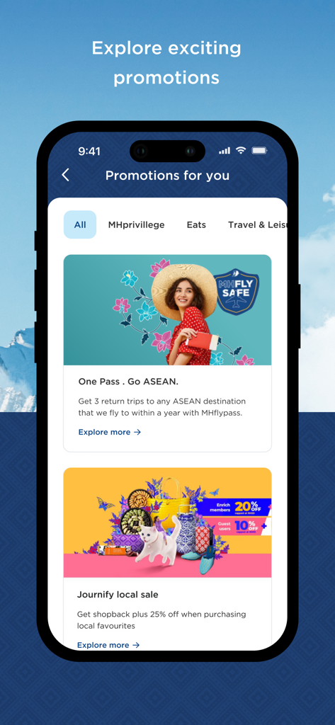 Schermata delle promozioni dell'app Malaysia Airlines con offerte MHflypass e Journify