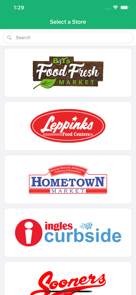 Freshop Groceries - Interface of the Freshop Groceries app showing a list of local grocery stores for selection including logos for Hometown Market and Ingles Curbside