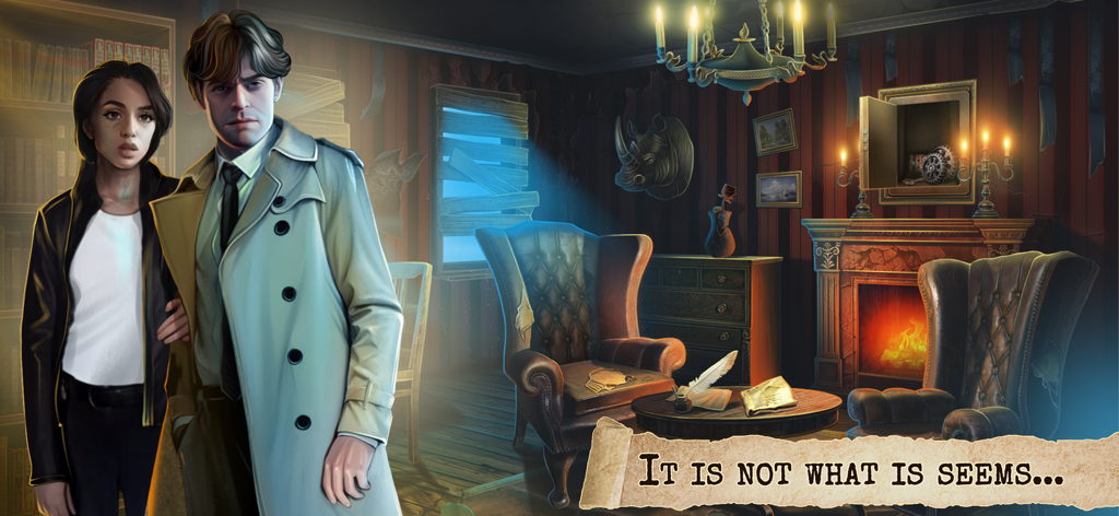Detective: Escape Room Horror - A detective and his assistant investigate a spooky noir study with a fireplace and hidden safe