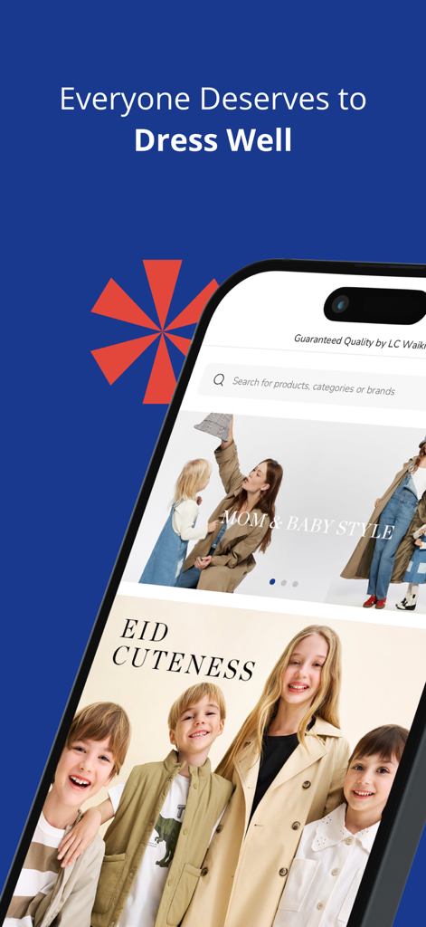 Pantalla de inicio de la aplicación de compras en línea LC Waikiki con moda infantil y eslogan de la marca