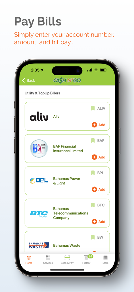 Interfaz de la aplicación móvil Cash N GO que muestra una lista de proveedores de servicios públicos y seguros de Bahamas para pagos sencillos