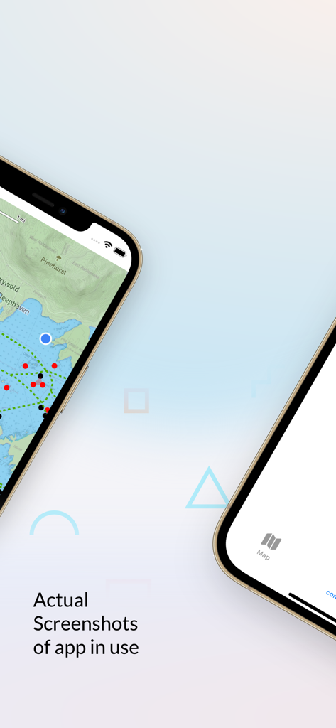 Interfaz de la aplicación de navegación Mapa del Lago Squam con marcadores de boyas y posición GPS