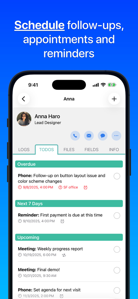 A mobile screen from Contacts Journal CRM displaying scheduled tasks and reminders for a contact named Anna Haro.