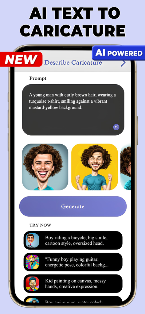 Photo To Caricature Maker - テキストプロンプトと男性の漫画アバターの生成された似顔絵を表示するAIテキストから似顔絵メーカーアプリのインターフェース