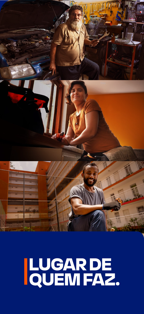 Un collage mostrando un mecánico en un taller, una mujer con herramientas y un trabajador de la construcción con el lema El lugar para quienes hacen.