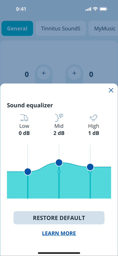 KINDconnect - KINDconnect App-Oberfläche für die Klangregelung zur Anpassung der Frequenzen von Hörgeräten