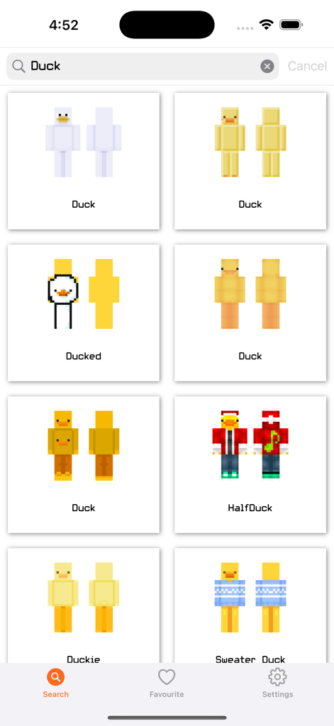 Animal Skins for Minecraft ! - Search results for duck-themed Minecraft skins in the Animal Skins app, featuring various duck characters like Sweater Duck and Duckie.