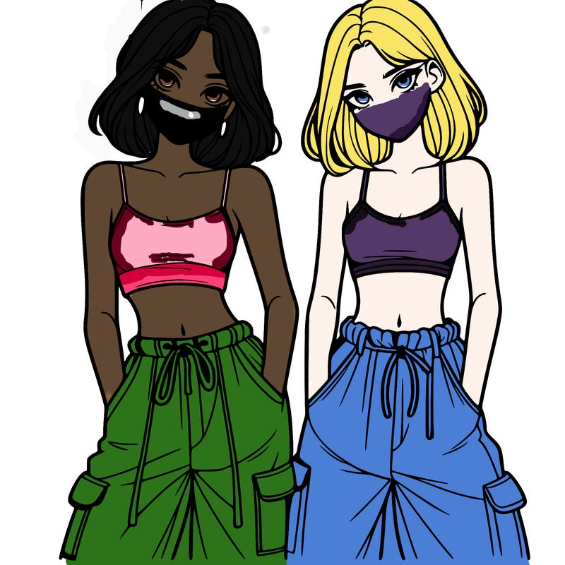 two girls with crop top with baggy pants