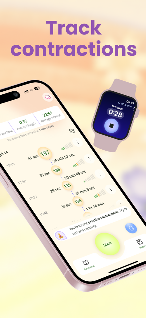 Contraction Timer · Counter - iPhone y Apple Watch mostrando registros de seguimiento de contracciones y un temporizador de parto.