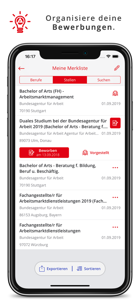 AzubiWelt - AzubiWelt app interface showing saved apprenticeship applications and status tracking