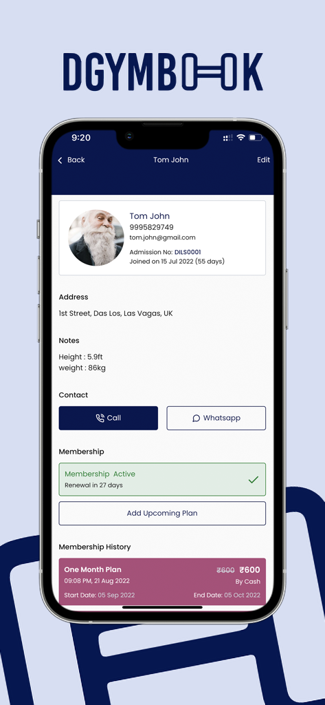 DGymBook Partner - Bildschirm zur Verwaltung von Studio-Mitgliederprofilen in der DGymBook Partner App