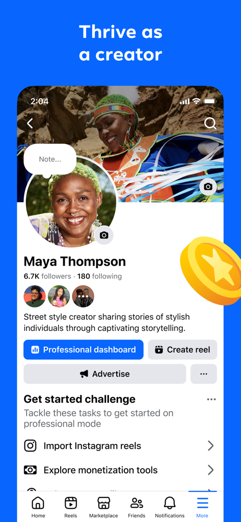 Un perfil de creador de Facebook que muestra el panel profesional y las herramientas de monetización