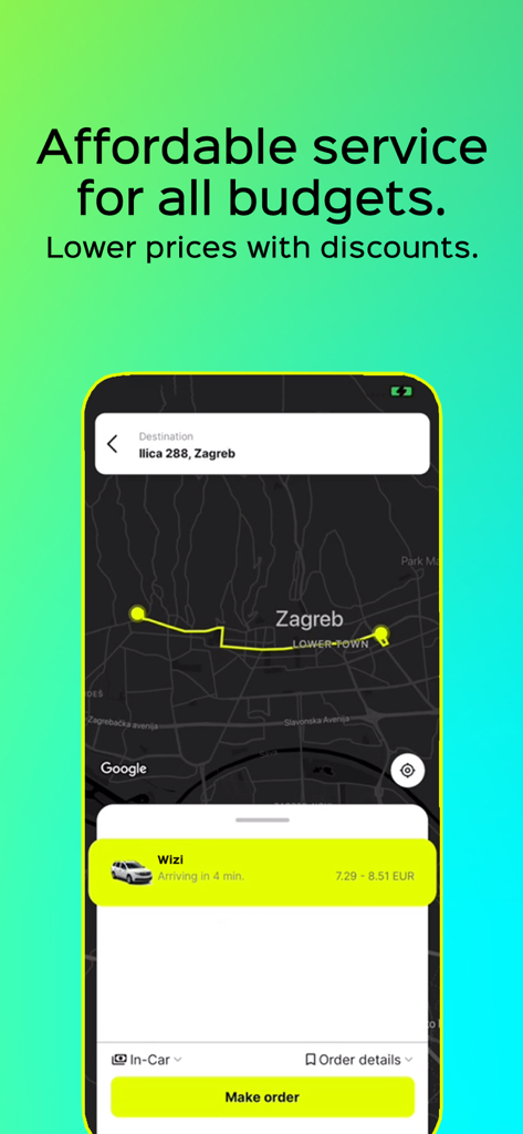 Wizi app interface showing ride price estimation and route map on a smartphone.
