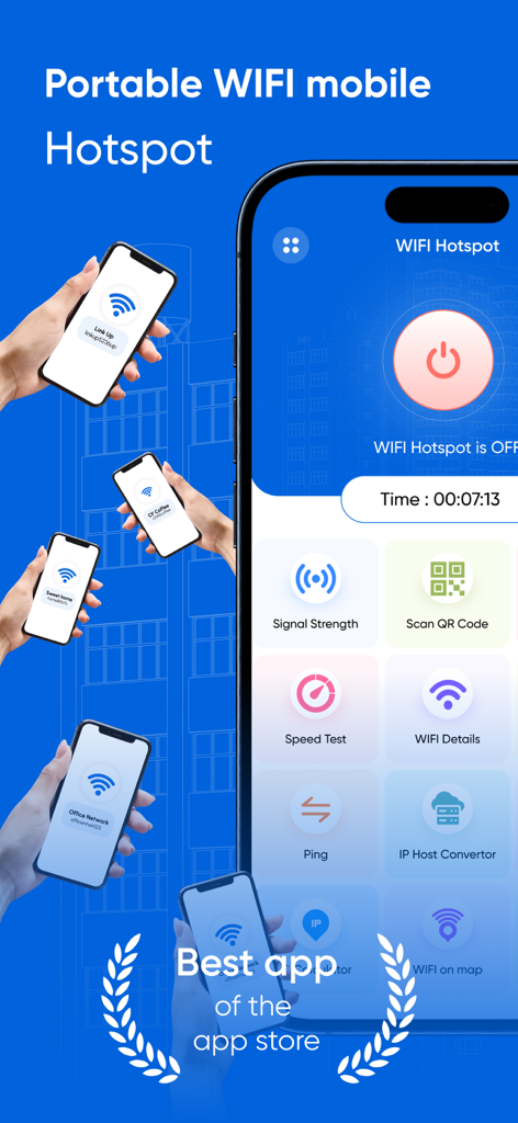 Portable Wifi Mobile Hotspot - 휴대용 와이파이 모바일 핫스팟 앱 인터페이스로 속도 테스트 및 QR 코드 공유와 같은 네트워크 도구를 보여줍니다.
