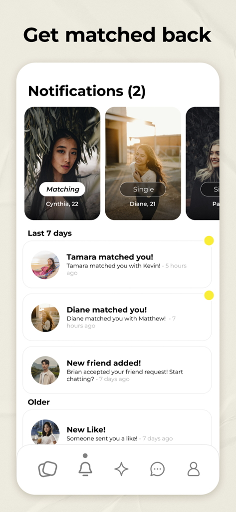 fridaysocialapp - Interface of the Friday social app showing a notifications list of friend matches and likes