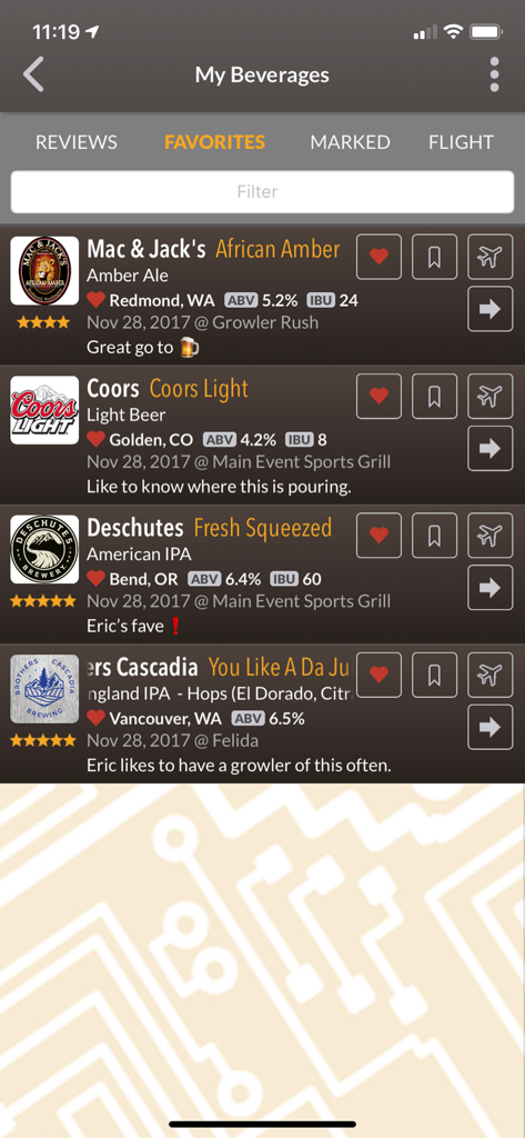 DigitalPour - Pocket Beer Menu - DigitalPour app favorites screen showing a list of craft beers with ABV and IBU data.