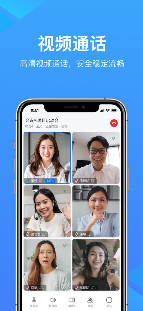 WPS会议 - A smartphone screen showing a professional six-person group video conference on the WPS Meeting app.