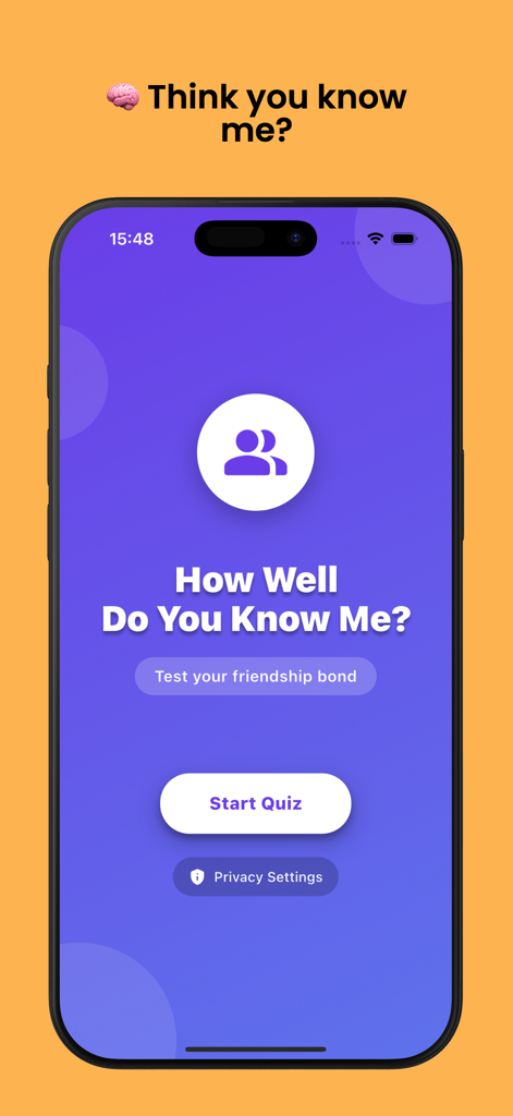Quiz: How Well Do You Know Me? - Pantalla de inicio de la aplicación Quiz: How Well Do You Know Me? con un botón para iniciar el quiz y poner a prueba el vínculo de amistad.