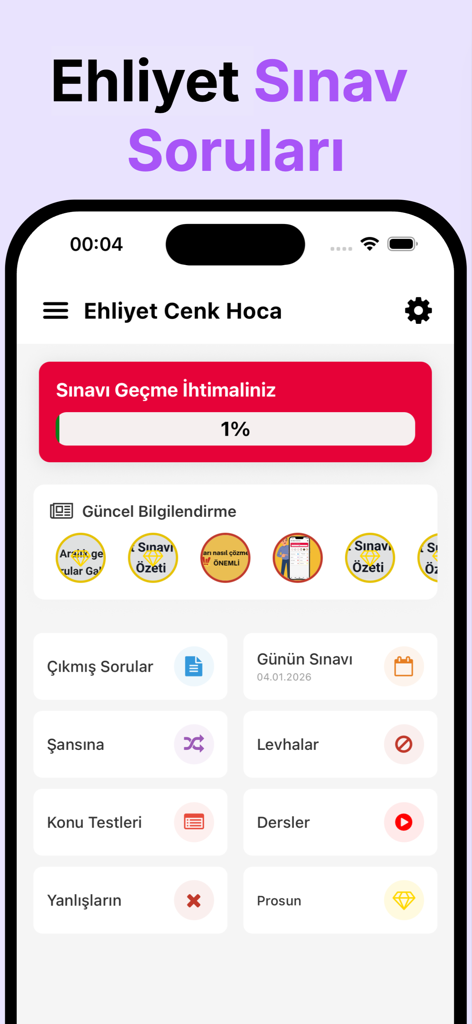Main interface of the Ehliyet Sınav Soruları Cenkhca app showing driver license exam preparation categories