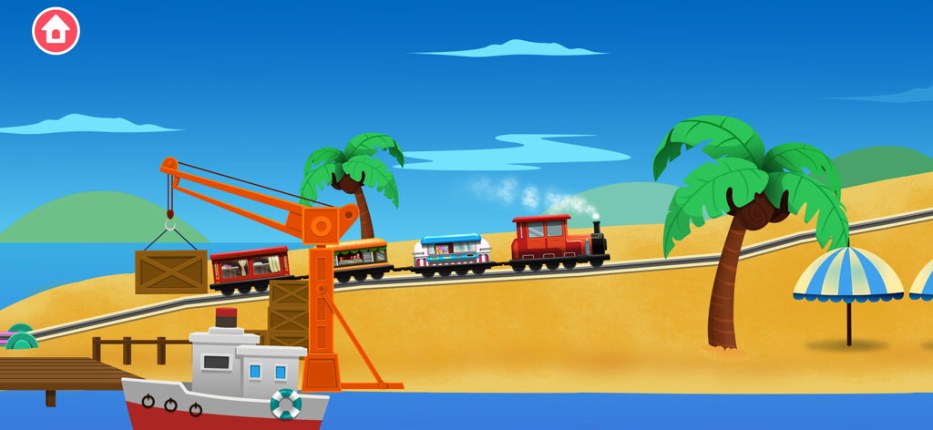 Train Builder Games for kids - クレーンとボートがあるビーチの線路を走るおもちゃの電車。