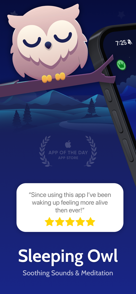 Sleeping Owl app interface featuring a 5 star user testimonial and App of the Day badge