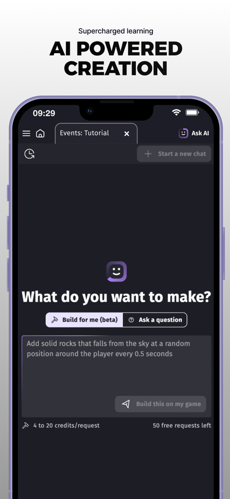 AI powered game creation interface in the GDevelop app showing a natural language prompt to build game mechanics