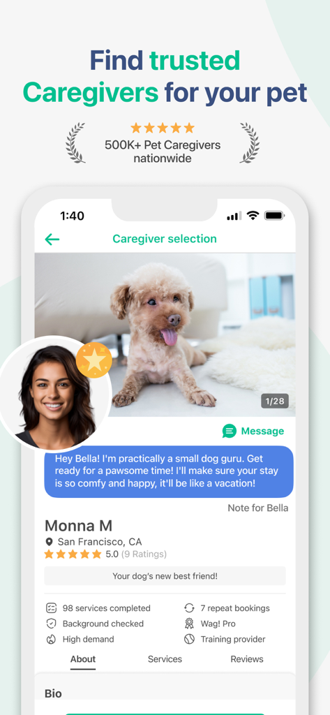 Caregiver selection screen on the Wag app showing a verified pet sitter profile with ratings and background check badge