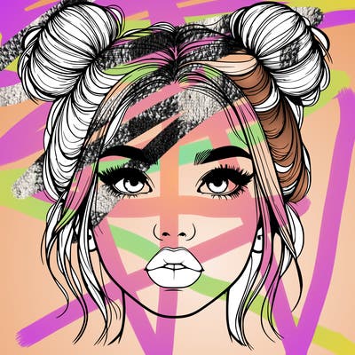 realistic girl with two buns on her hair and lips