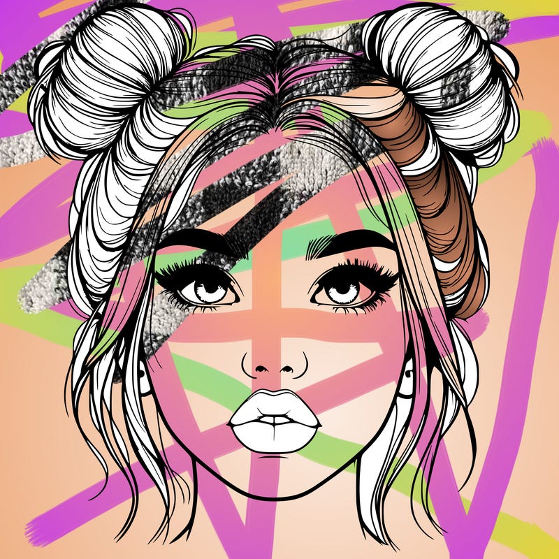 realistic girl with two buns on her hair and lips