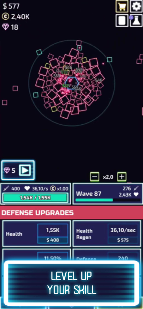 Interfaccia del gioco idle The Tower che mostra potenziamenti della difesa e combattimenti della torre