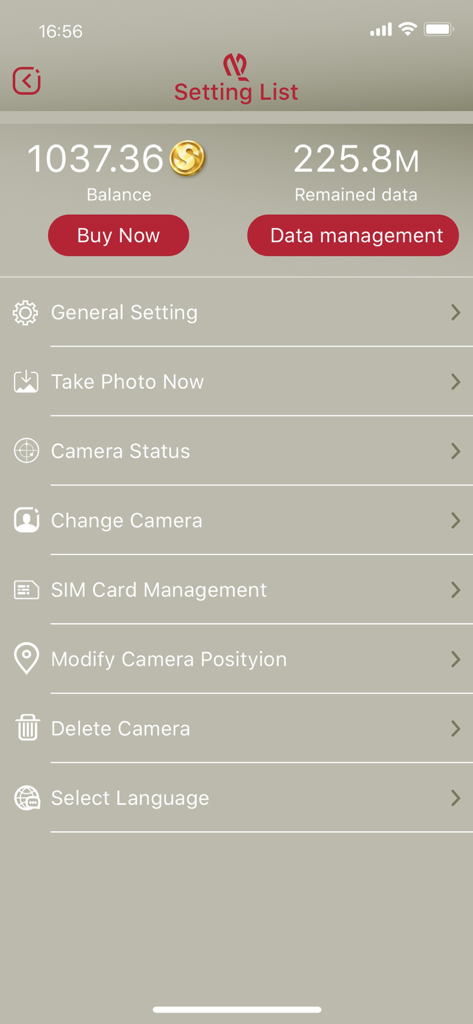 HunterCam - The settings list of the HunterCam app displaying account balance and camera management features