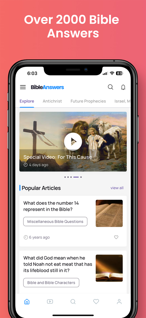 Eine mobile App-Oberfläche für Bibel-Antworten nach Themen, die beliebte Artikel und christliche Videos anzeigt.