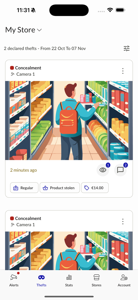 Veesion - Live Store Alert - Interface do aplicativo Veesion exibindo um alerta de roubo por ocultação com uma ilustração da câmera da loja e detalhes da detecção