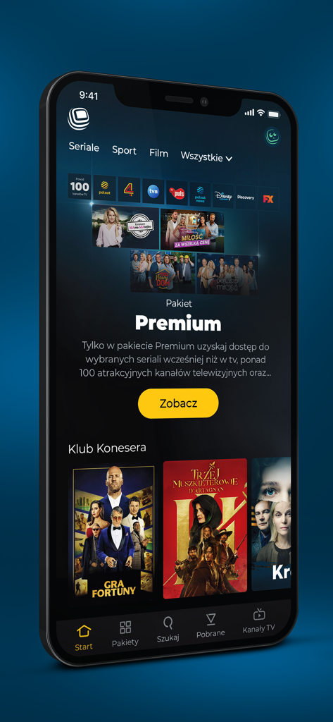 Mobiler Screenshot der Polsat Box Go App mit polnischen TV-Kanälen und Premium-Filmkategorien