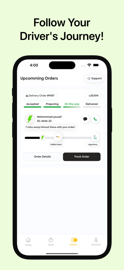 Real-time food delivery tracking screen in the PalEat app showing driver status and progress