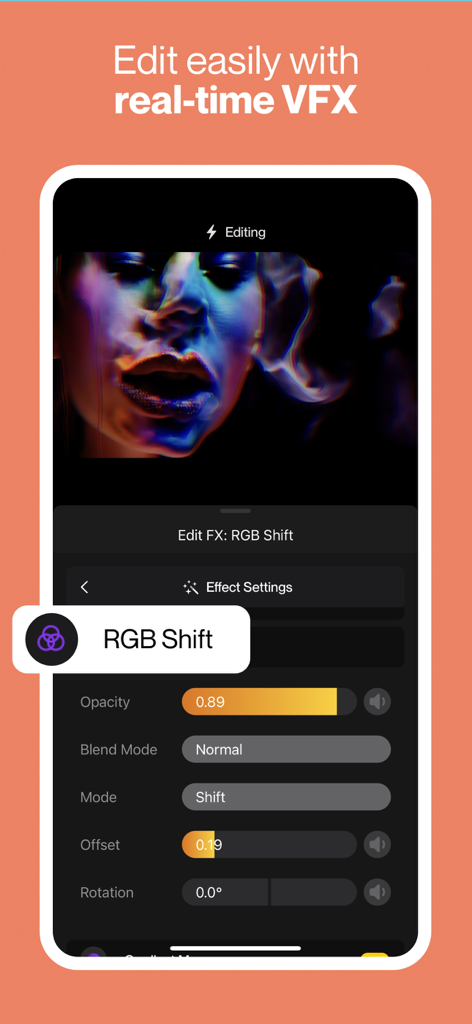 Spool - Music Video Editor - Interfaz de un smartphone mostrando efectos visuales de desplazamiento RGB en tiempo real aplicados a un videoclip musical en la app Spool.
