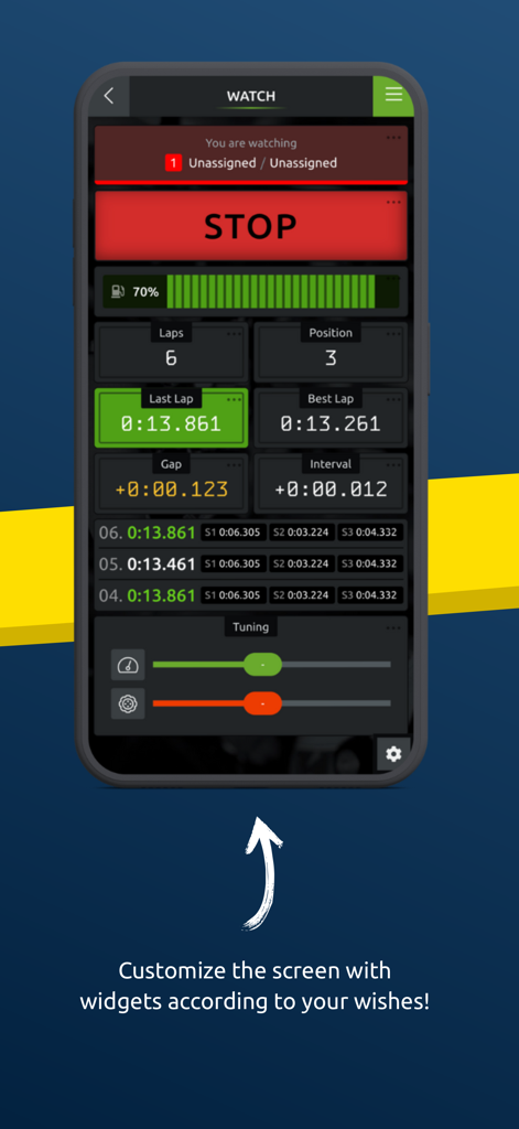SmartRace Connect - Tela de smartphone exibindo o painel do SmartRace Connect com tempos de volta, medidor de combustível e widgets personalizáveis para corridas de slot car.